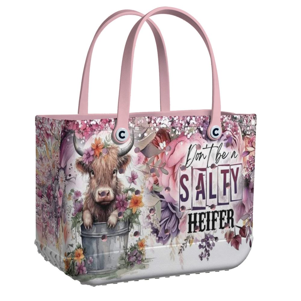 Chic Floral Cow Tote Bag - 'Don'T Be Salty Heifer' Design, Perfect For Shopping & Beach Days!
