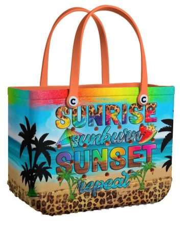 Vibrant Beach Tote Bag - Sunrise Sunburn Sunset Design, Perfect For Summer Adventures