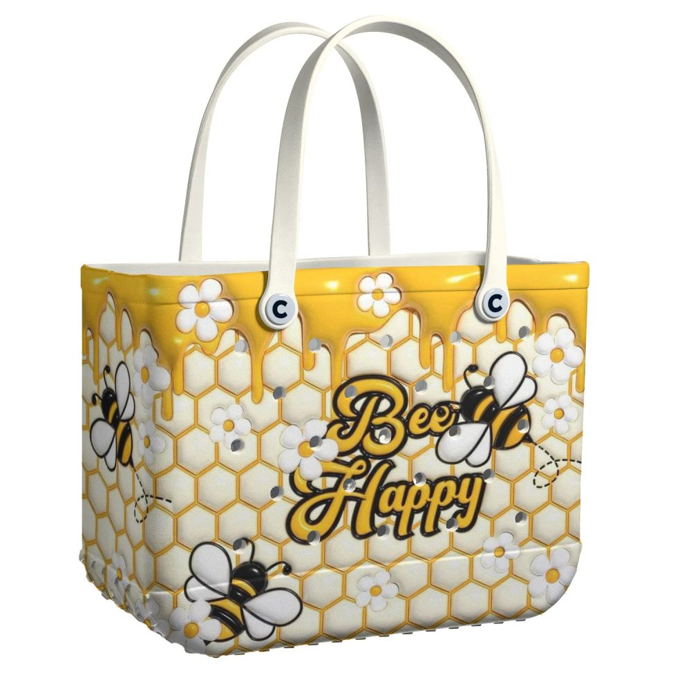 Bee Happy Tote Bag - Stylish Honeycomb Design With Flowers & Bees - Perfect For Summer Outings