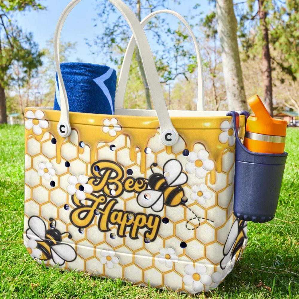 Bee Happy Tote Bag - Stylish Honeycomb Design With Flowers & Bees - Perfect For Summer Outings - Image 3