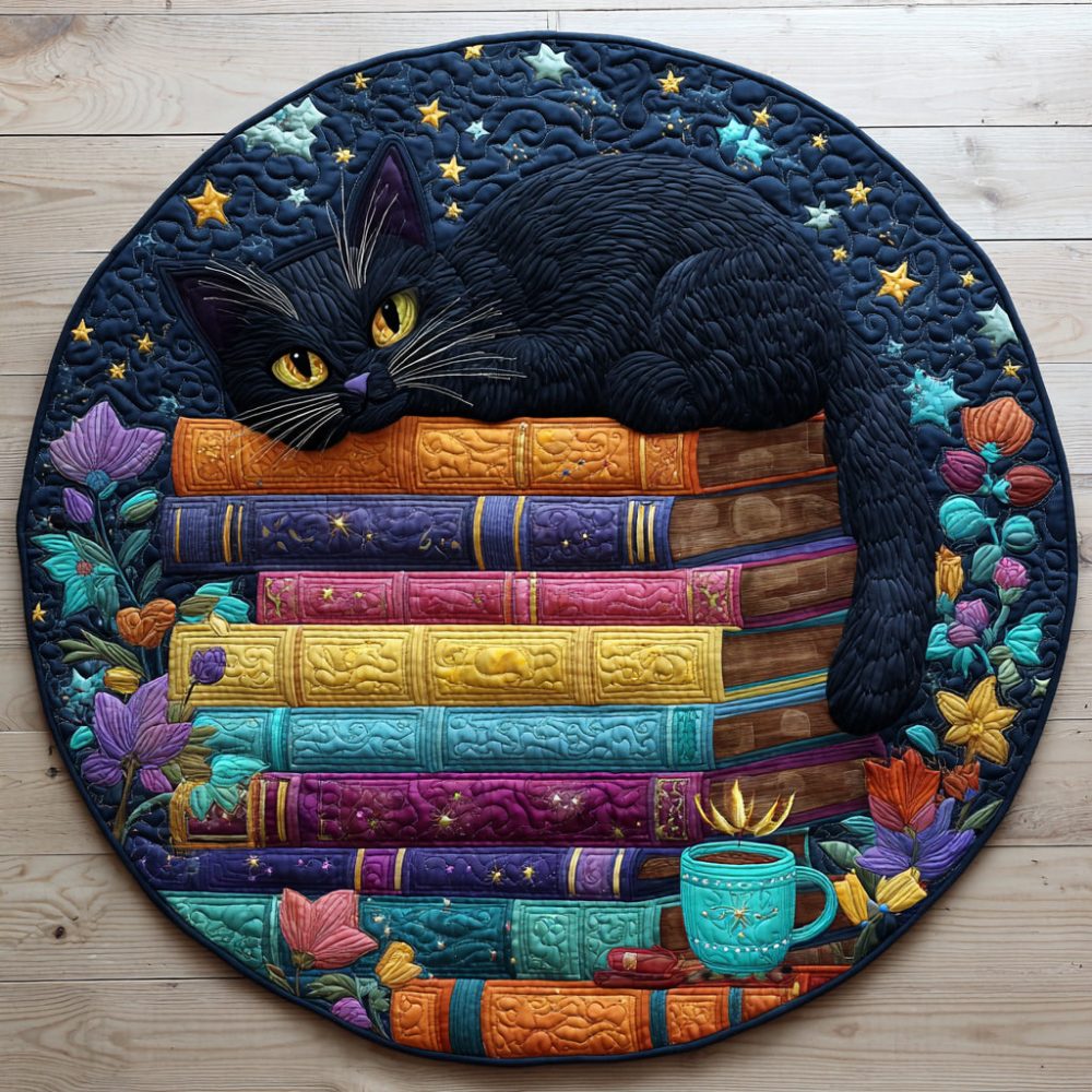 Black Cat Book Stacks Quilted Round Mat