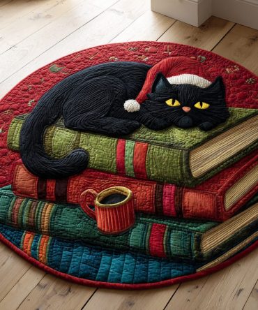 Black Cat Cozy Book Quilted Round Mat