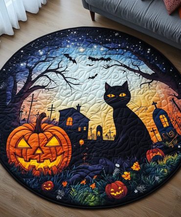 Black Cat Halloween Quilted Round Mat