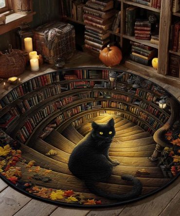Black Cat Library Quilted Round Mat