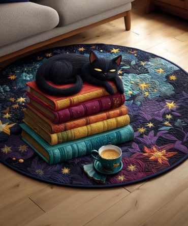 Black Cat Magic Book Quilted Round Mat