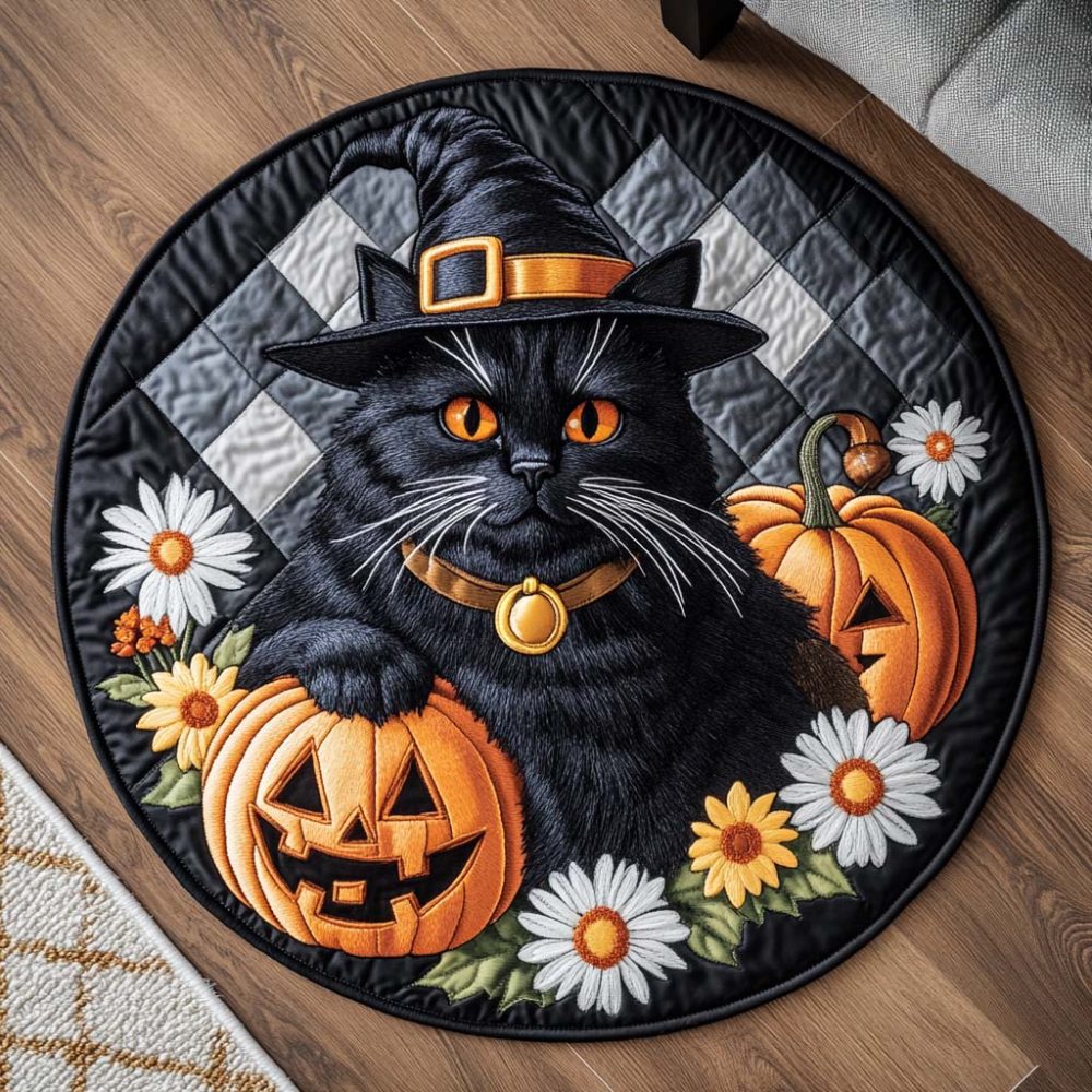 Black Cat Magic Quilted Round Mat
