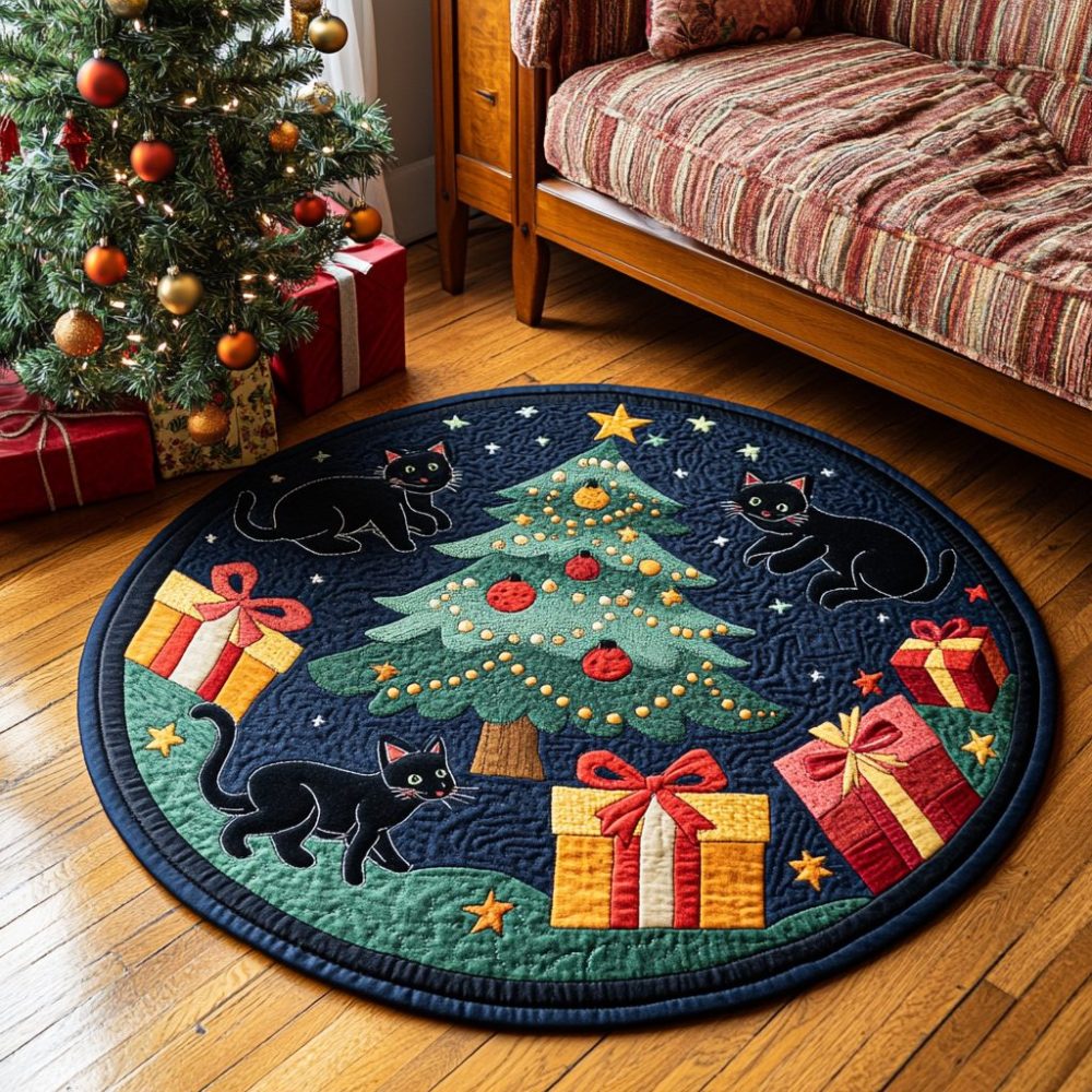 Black Cat Night Quilted Round Mat