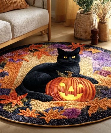Black Cat Night Quilted Round Mat