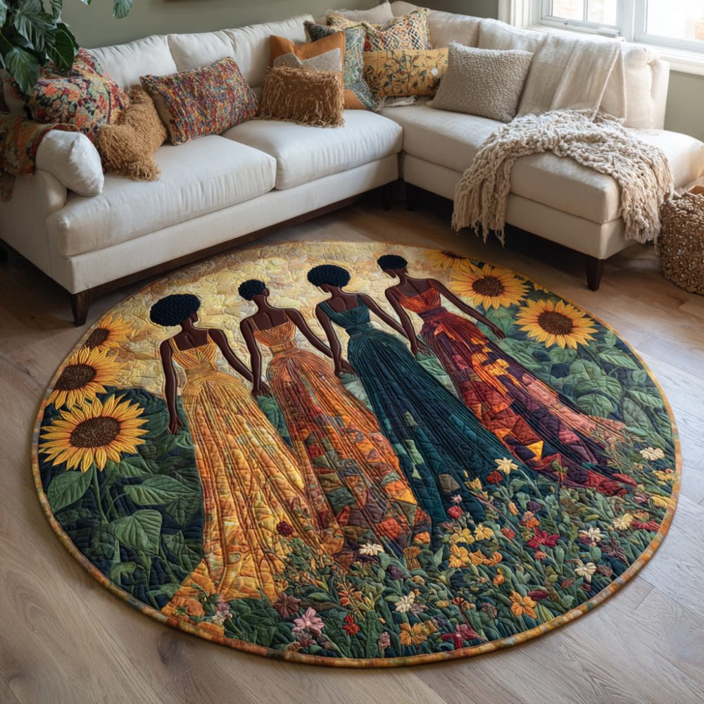 Black Women Sunflower Field Quilted Round Mat