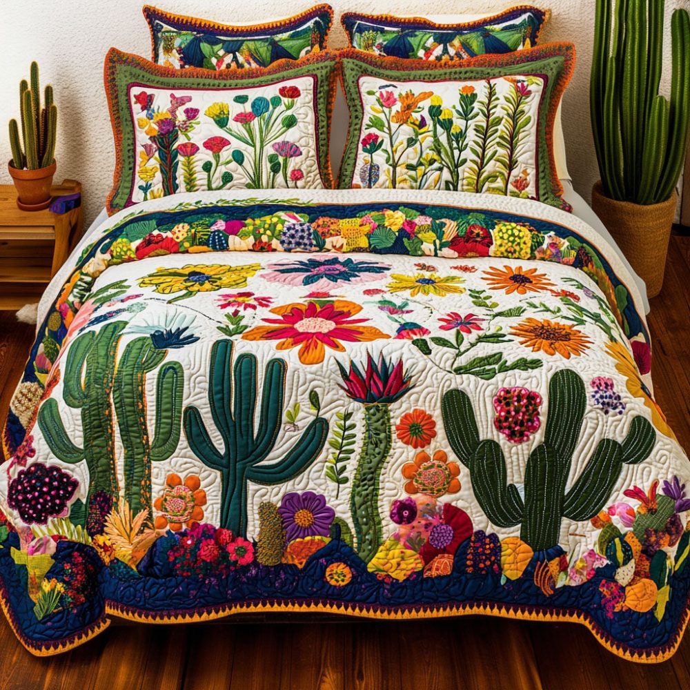 Blooming Cactus 3-Piece Quilted Bedding Set