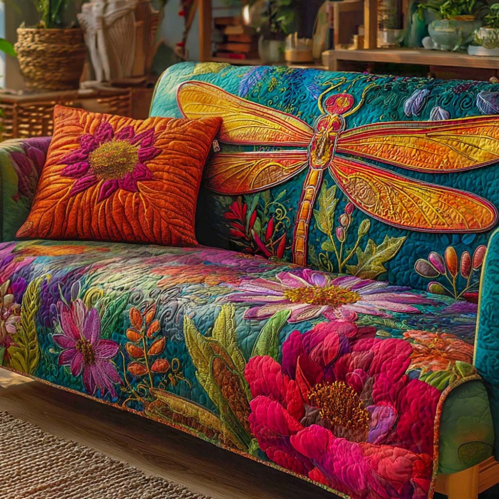 Blossom Symphony Dragonfly Quilted Sofa Cover