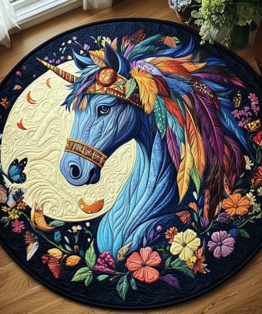 Blue Horse Themed Quilted Round Mat