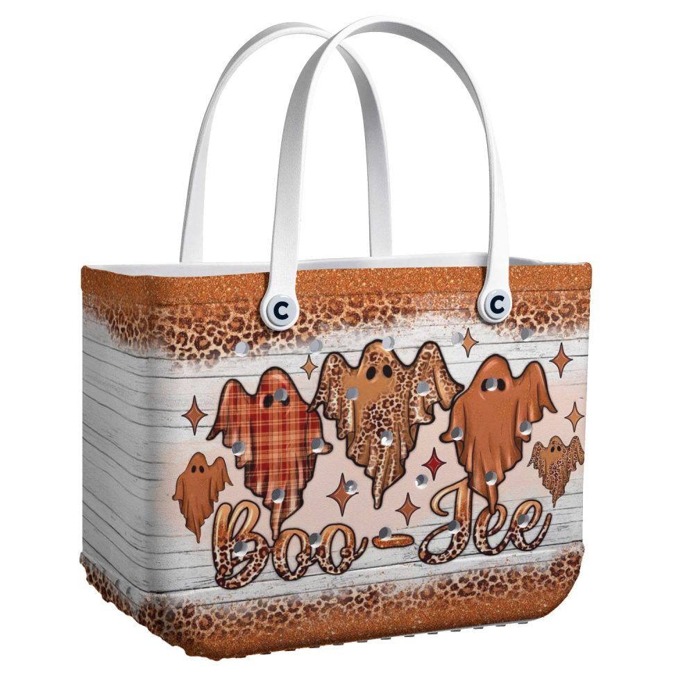 Trendy Boo-Jee Ghost Tote Bag - Chic Halloween Style With Leopard & Plaid Print - Perfect Fall Accessory