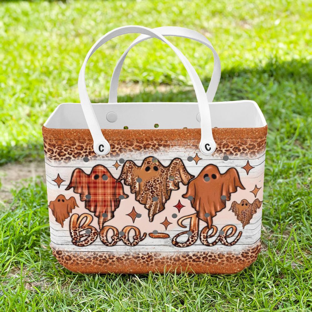 Trendy Boo-Jee Ghost Tote Bag - Chic Halloween Style With Leopard & Plaid Print - Perfect Fall Accessory - Image 2
