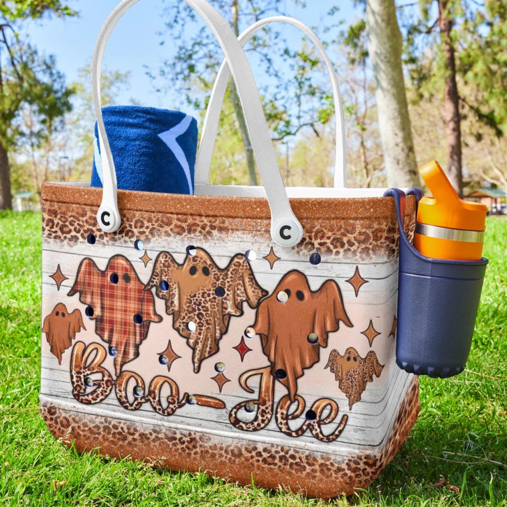 Trendy Boo-Jee Ghost Tote Bag - Chic Halloween Style With Leopard & Plaid Print - Perfect Fall Accessory - Image 3
