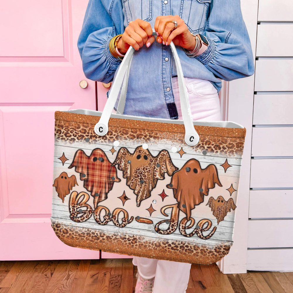 Trendy Boo-Jee Ghost Tote Bag - Chic Halloween Style With Leopard & Plaid Print - Perfect Fall Accessory - Image 5
