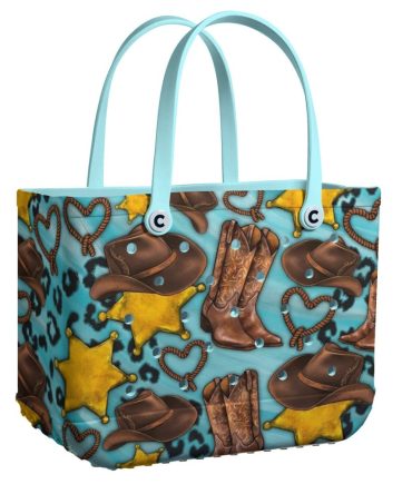 Chic Western Tote Bag With Cowboy Boots & Hat Design - Durable & Stylish Handbag For Everyday Use