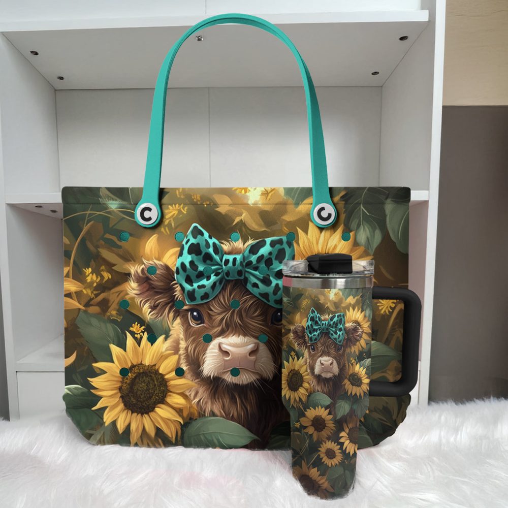 Chic Sunflower Cow Tote Bag - Cute Animal Print With Blue Bow - Perfect For Everyday Use - Image 2
