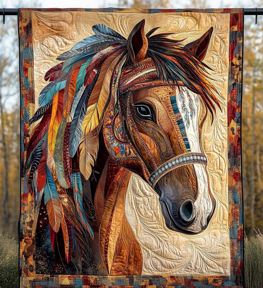 Brave Native Horse Art Quilt Hanging
