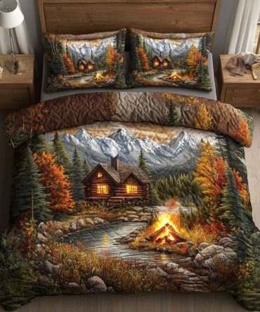 Cabin Campfire Mountains 3-Piece Quilted Bedding Set