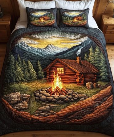 Cabin Fireplace 3-Piece Quilted Bedding Set
