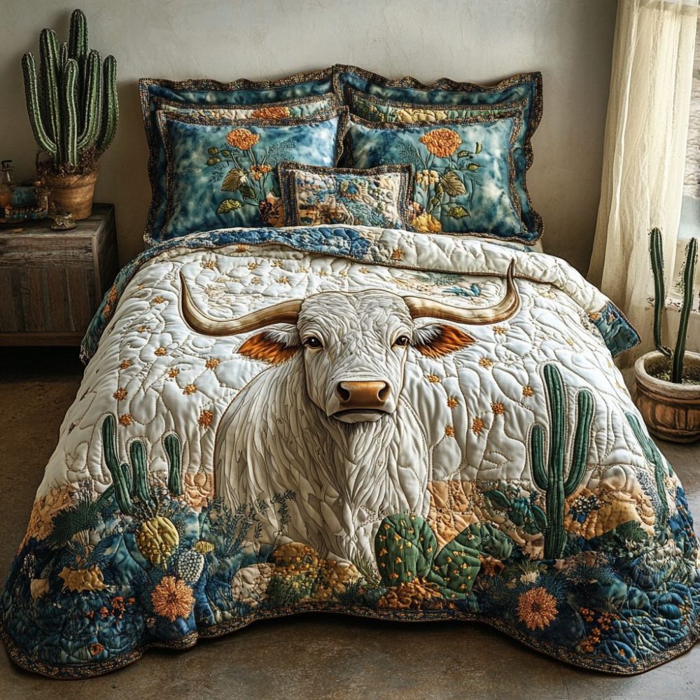 Cactus Longhorn 3-Piece Quilted Bedding Set
