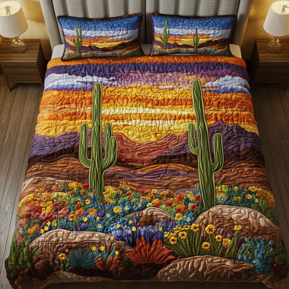 Cactus Sunrise View 3-Piece Quilted Bedding Set