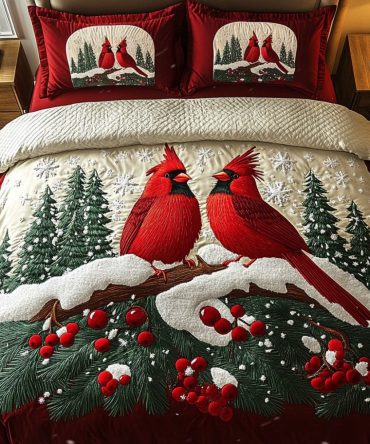 Cardinal Christmas Delight 3-Piece Quilted Bedding Set
