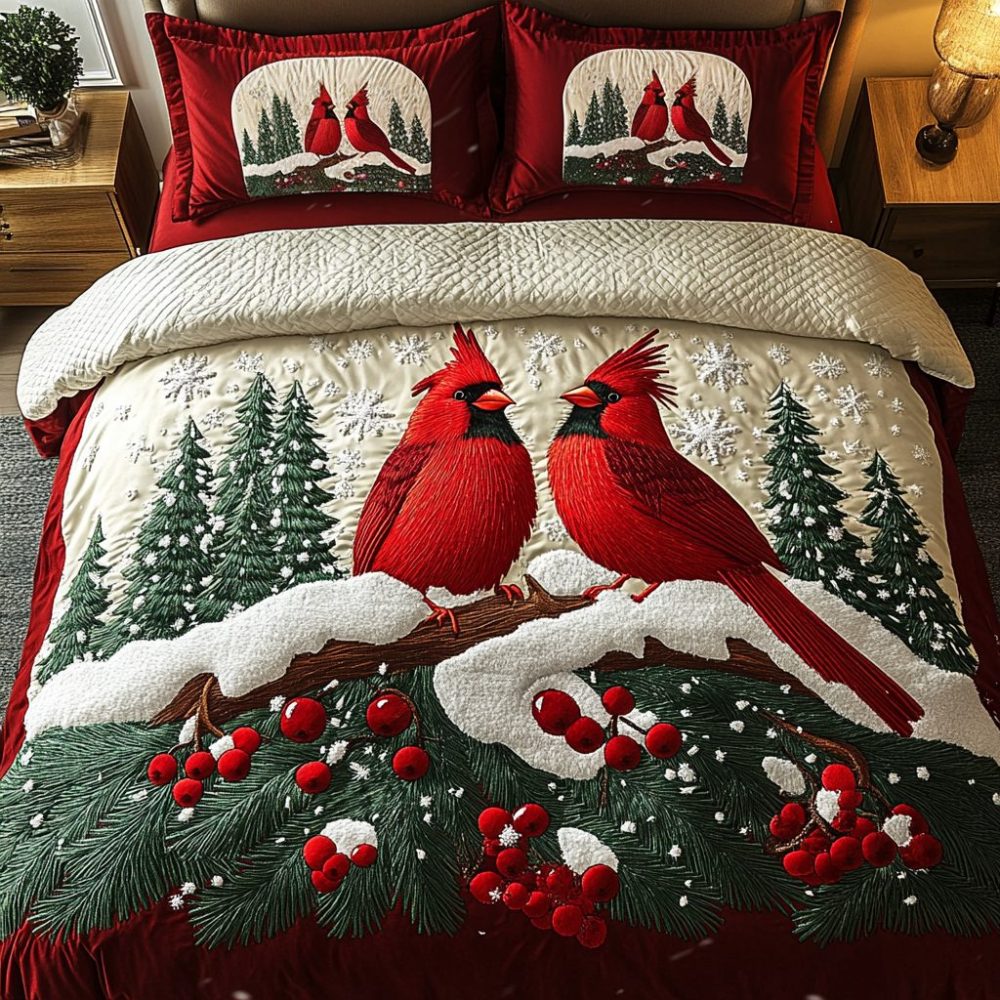 Cardinal Christmas Delight 3-Piece Quilted Bedding Set