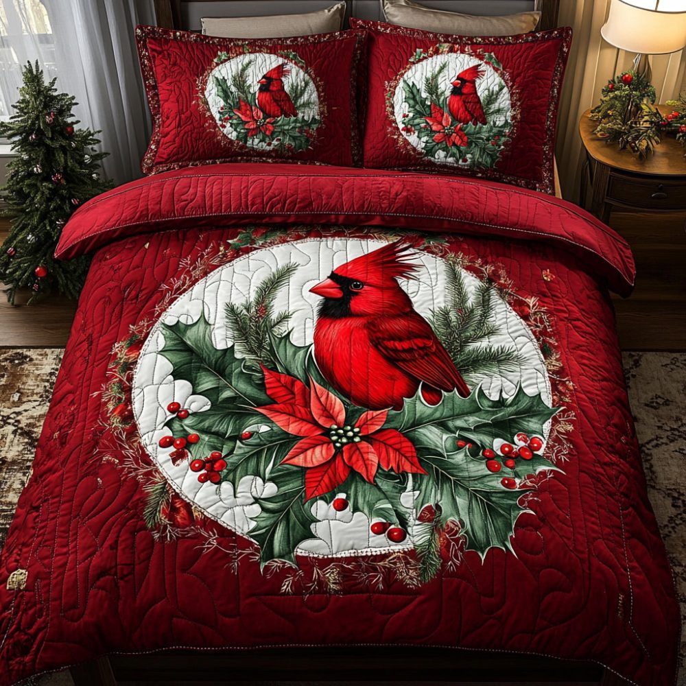 Cardinal Christmas Quilted Bedding Set
