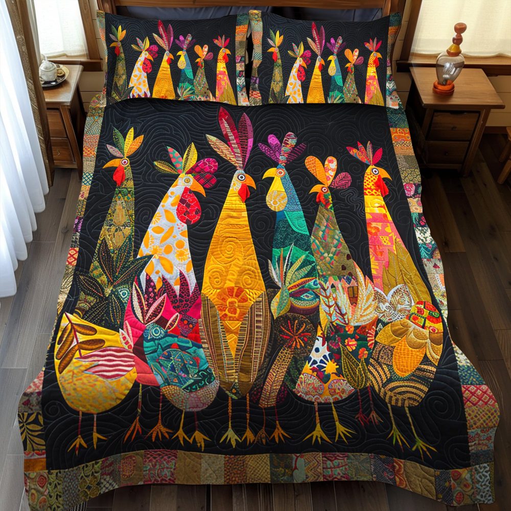 Charming Rooster 3-Piece Quilted Bedding Set