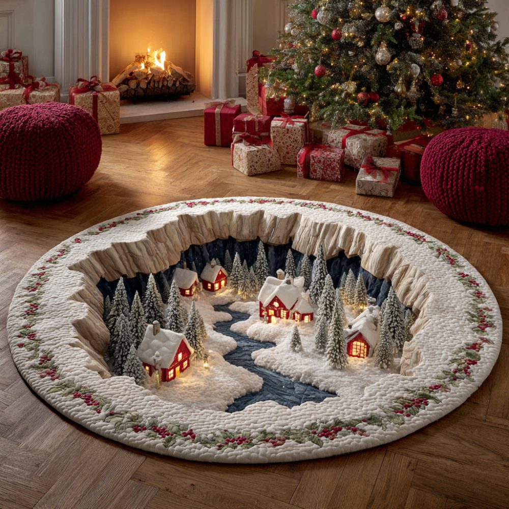 Charming Christmas Village Quilted Round Mat