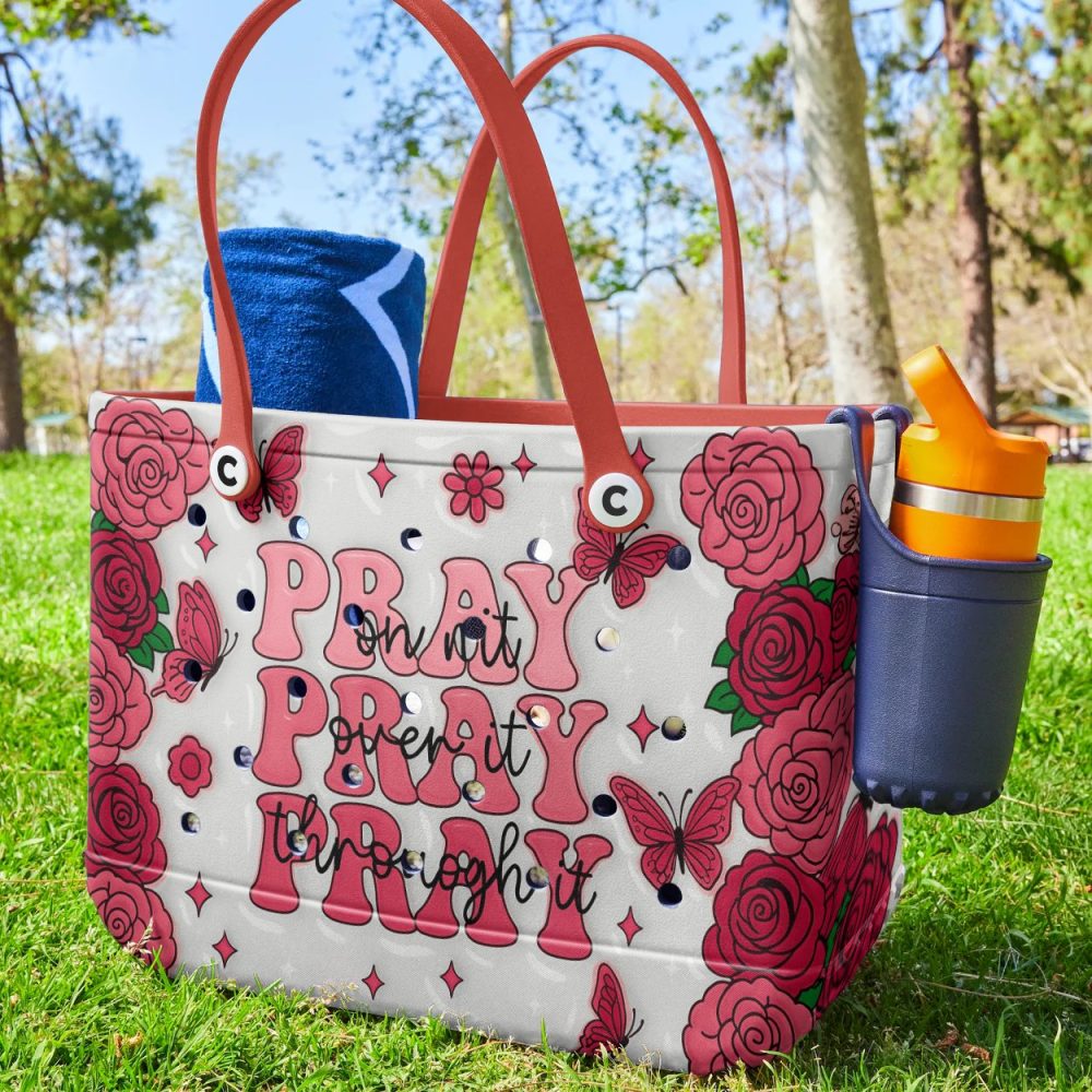 Chic Floral Tote Bag With Inspiring 'Pray' Design – Perfect For Everyday Use! - Image 3