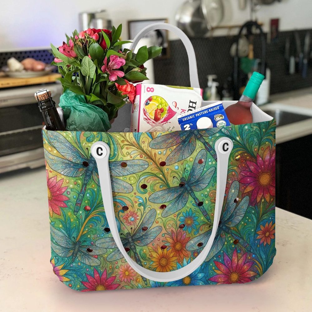 Vibrant Dragonfly & Floral Tote Bag - Eco-Friendly, Spacious, Stylish Handbag For Everyday Use - Image 4