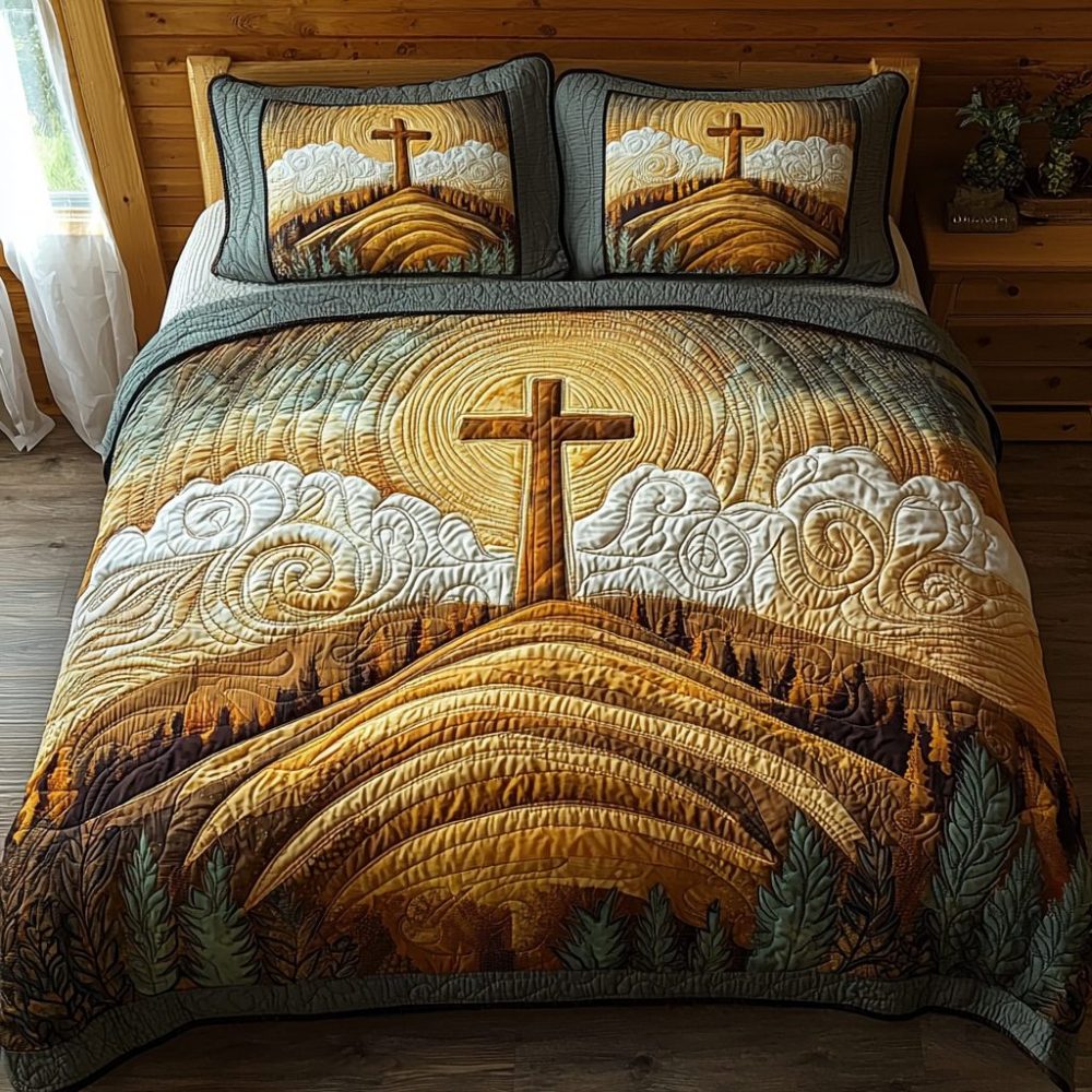 Christian Cross Sunrise 3-Piece Quilted Bedding Set