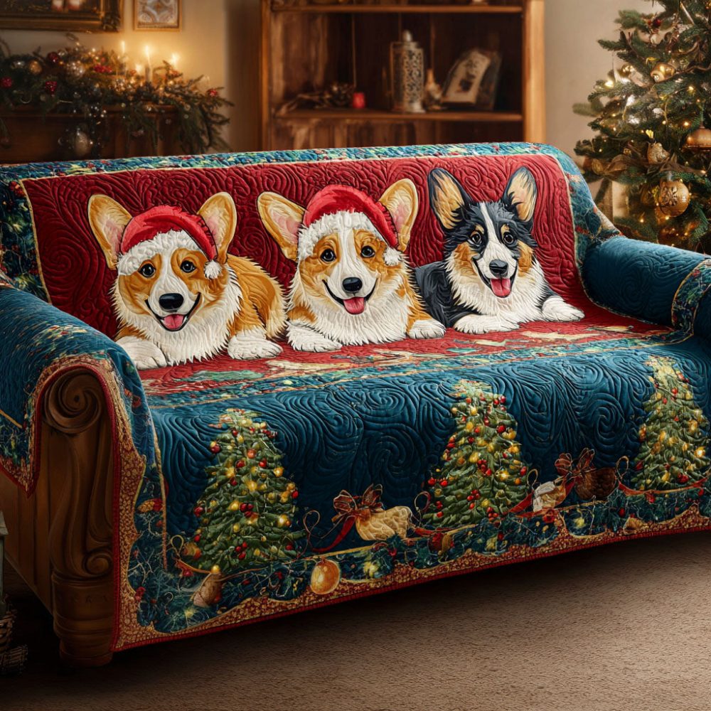 Christmas Corgi Lane Quilted Sofa Cover