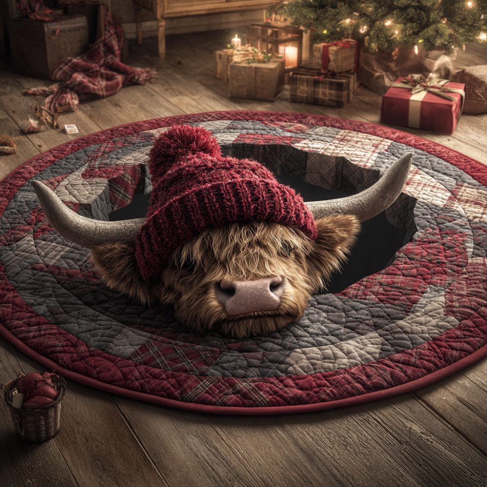 Christmas Highland Cow Quilted Round Mat