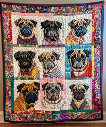 Colorful Pugs Quilted Blanket