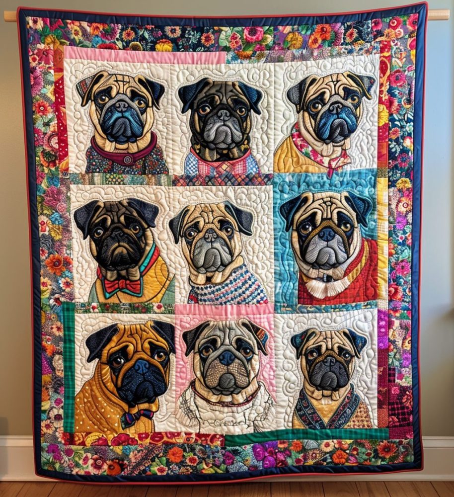 Colorful Pugs Quilted Blanket
