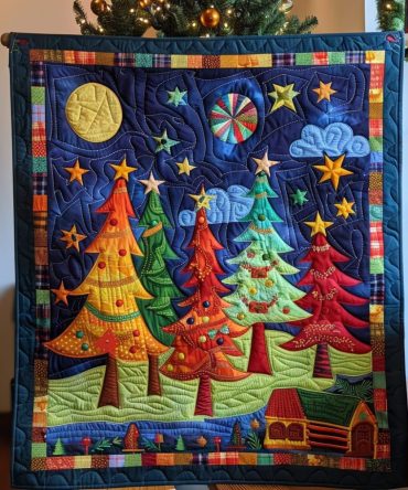 Colorful Christmas Tree Quilted Blanket