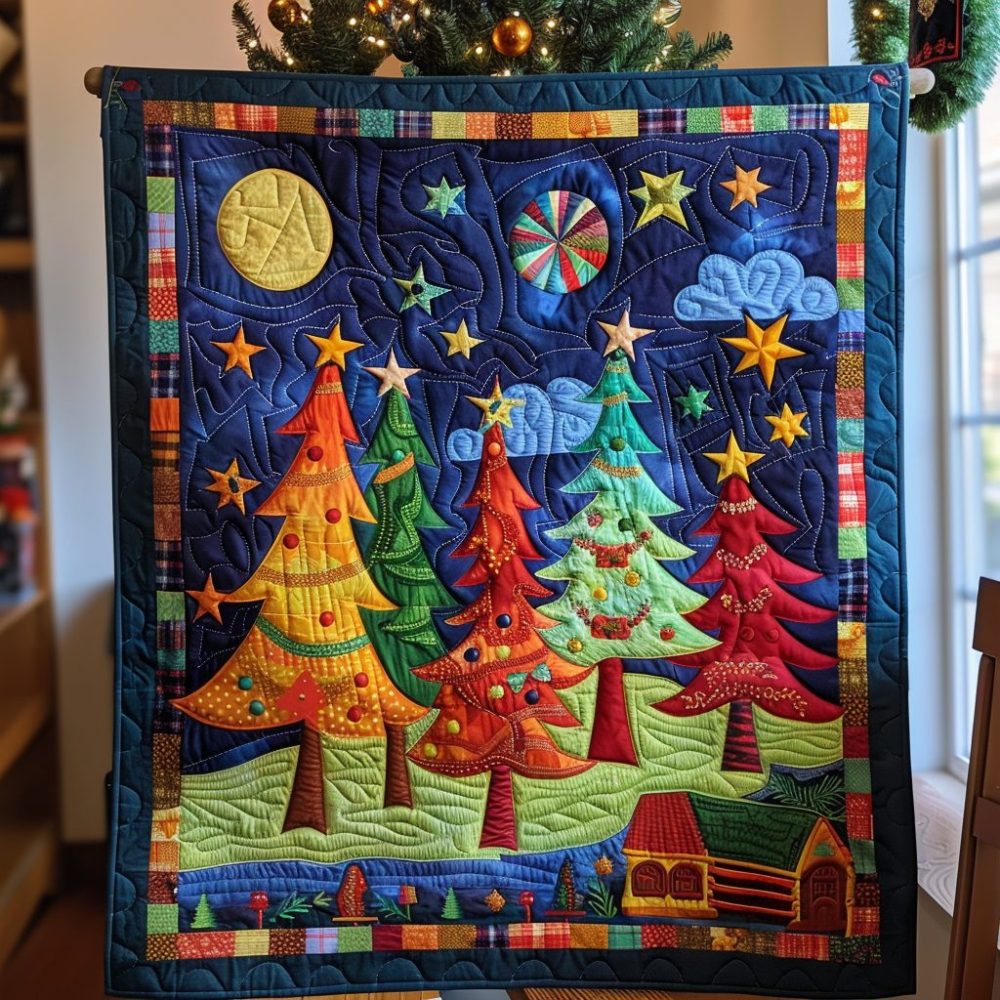 Colorful Christmas Tree Quilted Blanket