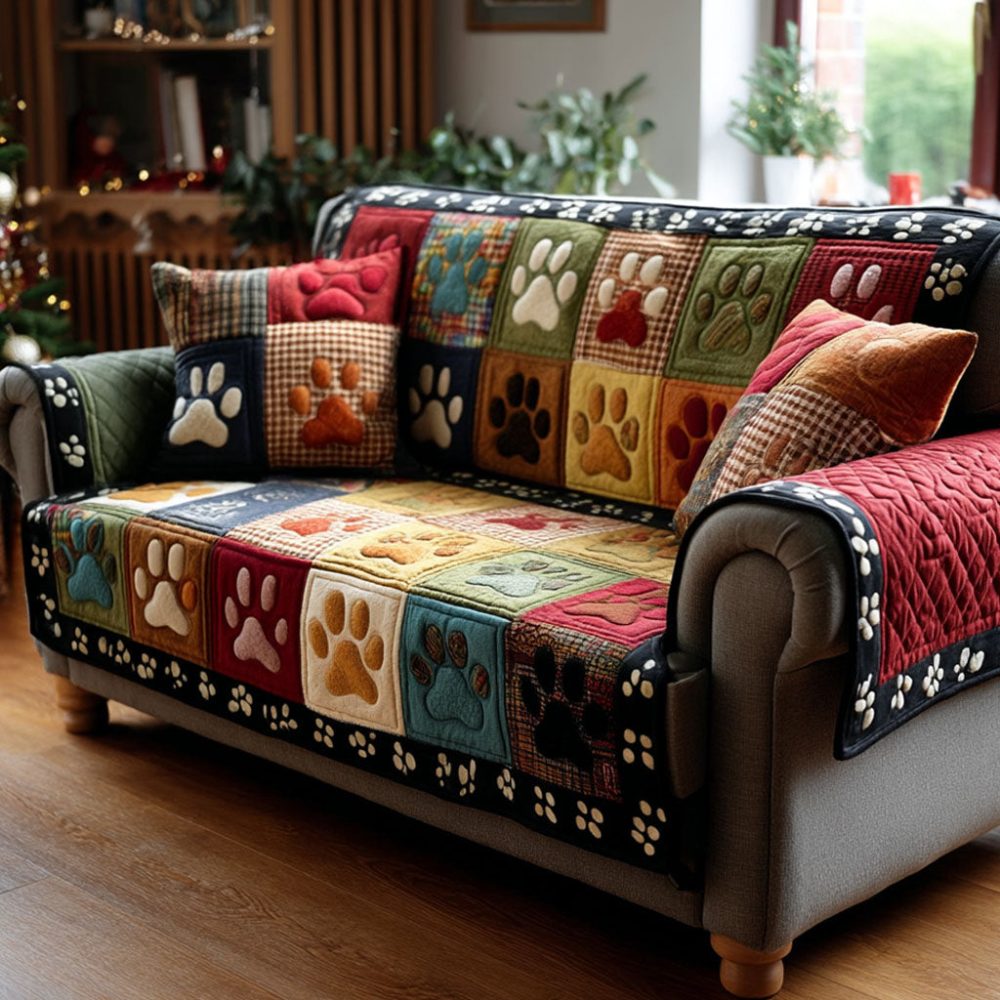 Colorful Paw Patchwork Quilted Sofa Cover