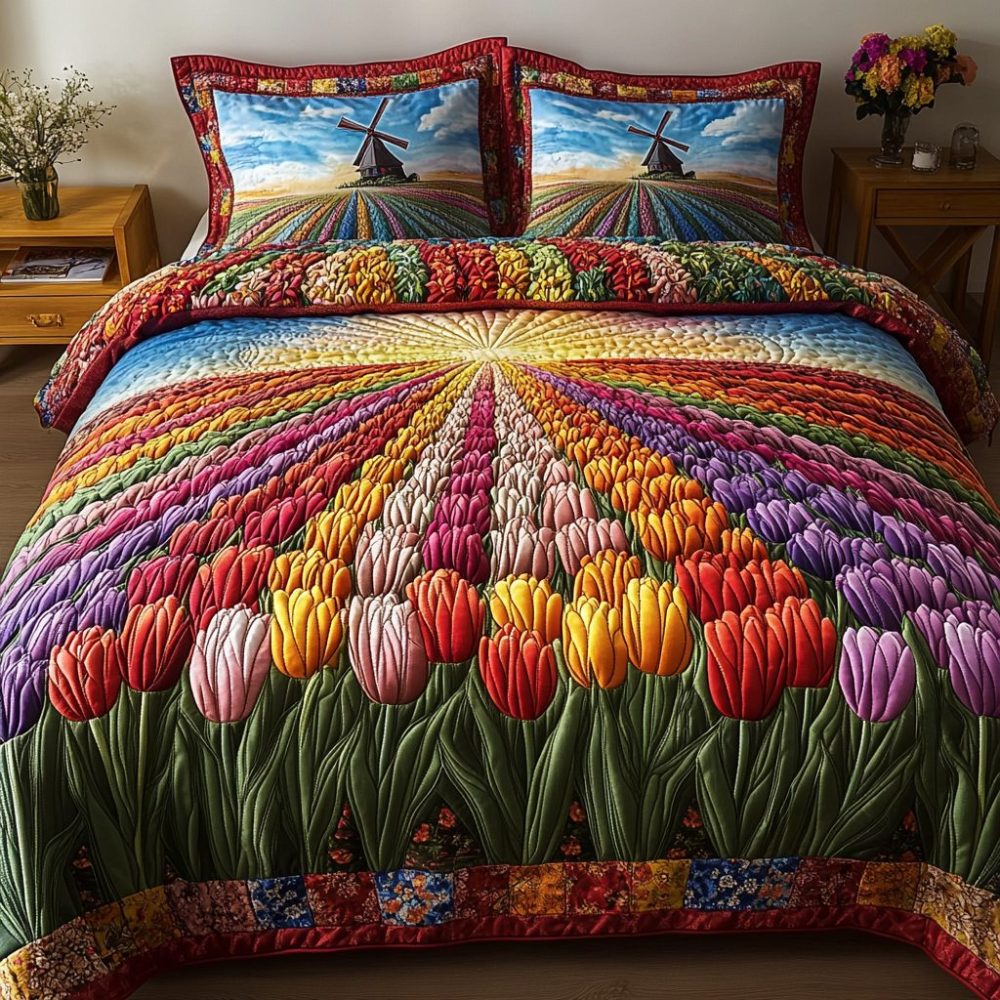 Colorful Tulips 3-Piece Quilted Bedding Set