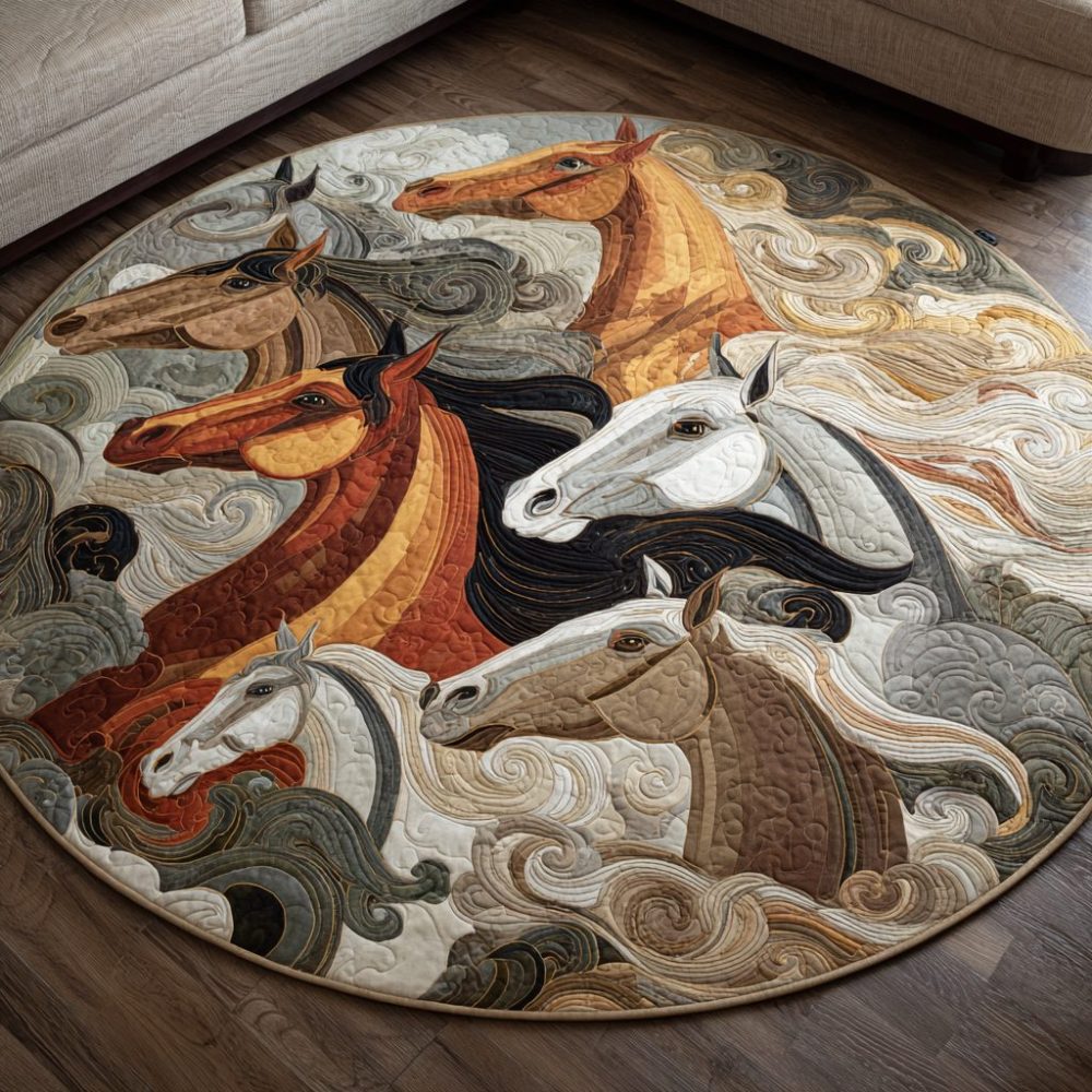 Colorful Wild Horse Quilted Round Mat