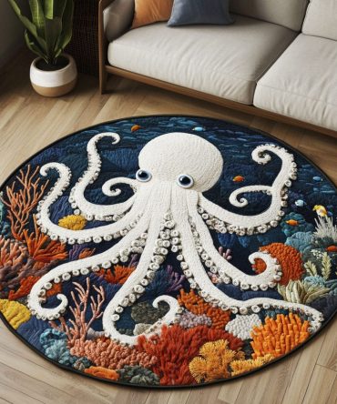 Coral Embrace Octopus Quilted Round Mat