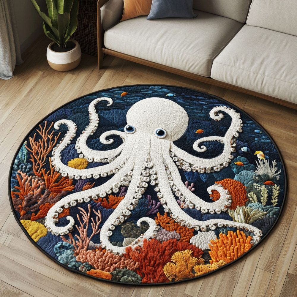 Coral Embrace Octopus Quilted Round Mat