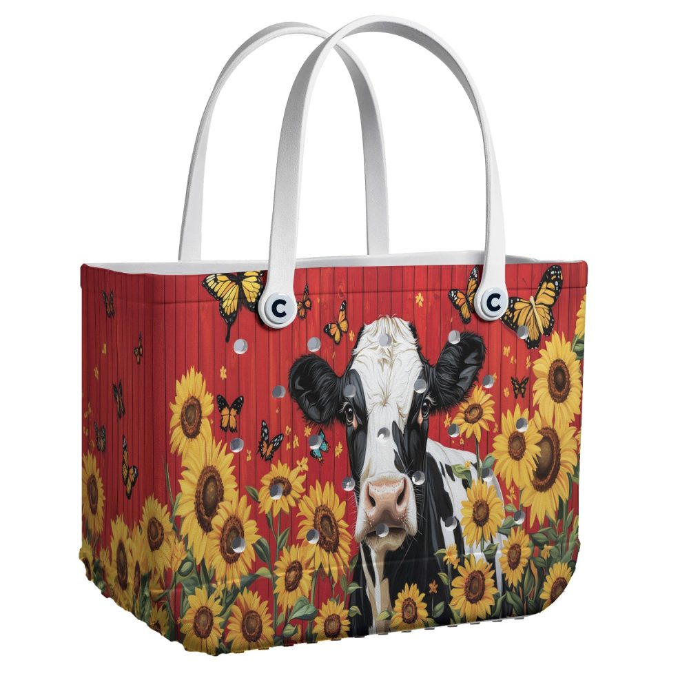 Chic Cow & Sunflower Tote Bag With Butterflies - Perfect For Shopping & Beach Days!