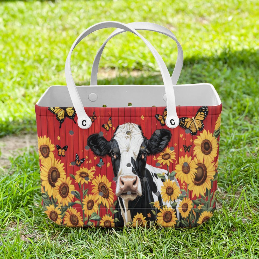 Chic Cow & Sunflower Tote Bag With Butterflies - Perfect For Shopping & Beach Days! - Image 2