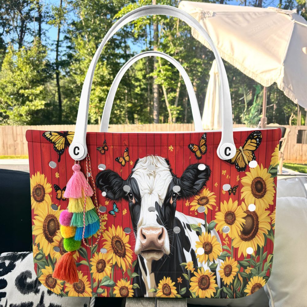 Chic Cow & Sunflower Tote Bag With Butterflies - Perfect For Shopping & Beach Days! - Image 4