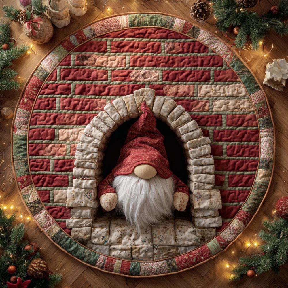 Cozy Brick Gnome Quilted Round Mat